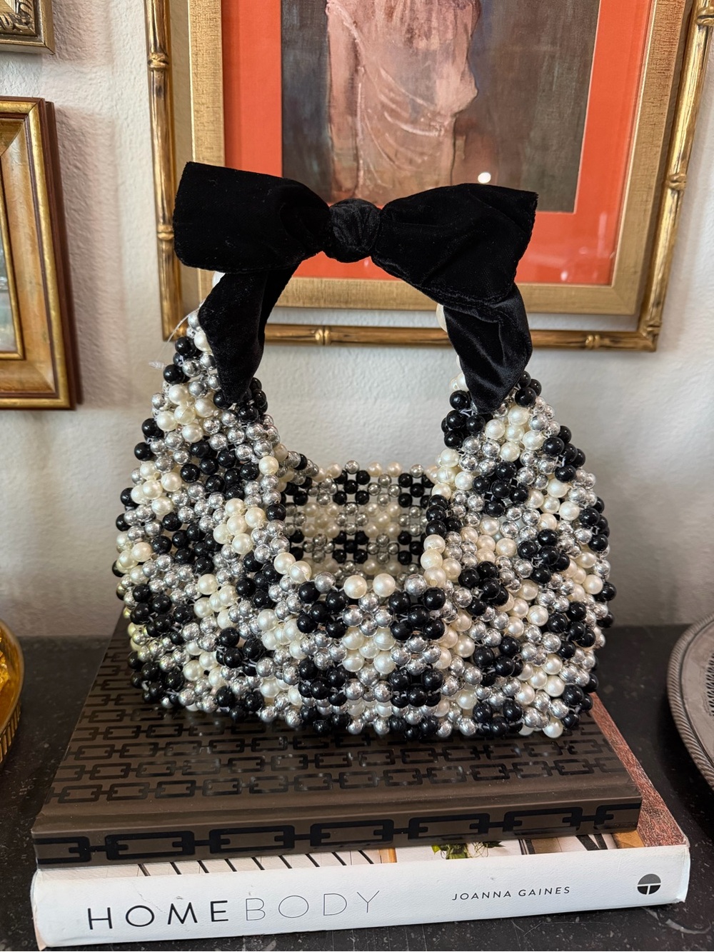 Beaded Black and White Pearl Handbag with Velvet Bow